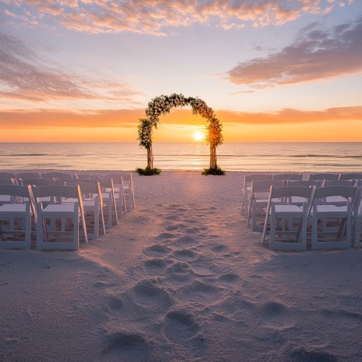 Romantic sunset beach wedding setup with floral ceremony arch, sandy aisle, and guest chairs facing the water.