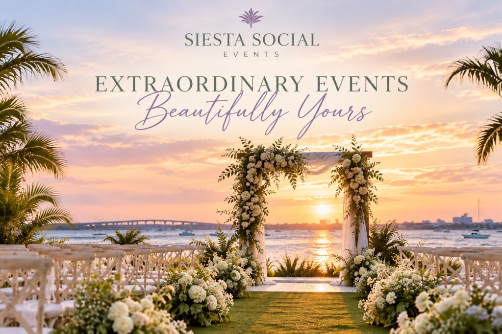 Siesta Social Events promotional image featuring a waterfront wedding arch, palm trees, and the company name.