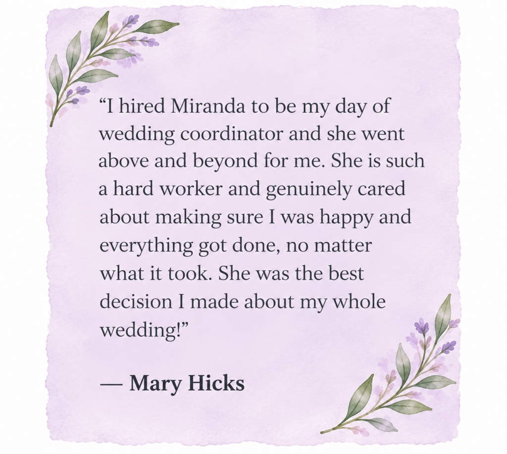 Five-star wedding review from Mary Hicks praising Miranda of Siesta Social Events for her dedication, hard work, and exceptional day-of wedding coordination.