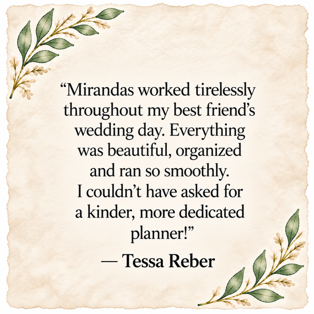Five-star wedding review from Tessa Reber praising Miranda of Siesta Summer for her tireless dedication and hard work throughout her best friend's wedding day.