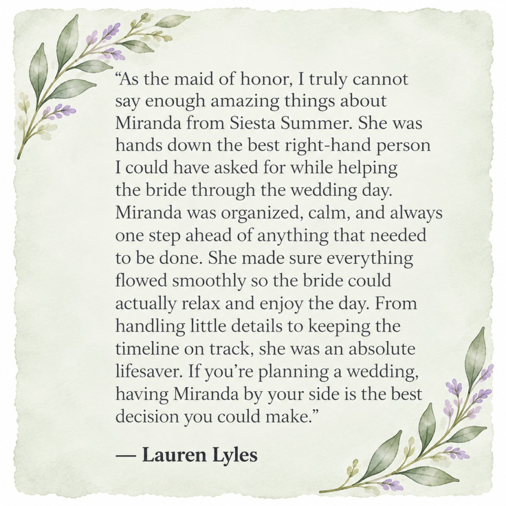 Five-star wedding review from Lauren Lyles praising Miranda's organization, calm approach, and day-of wedding coordination.”