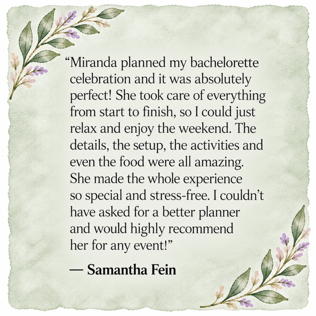 Five-star review from Samantha Fein praising Miranda of Siesta Summer for her beautiful bachelorette party setup, coordination with a local caterer, and helpful, responsive service.