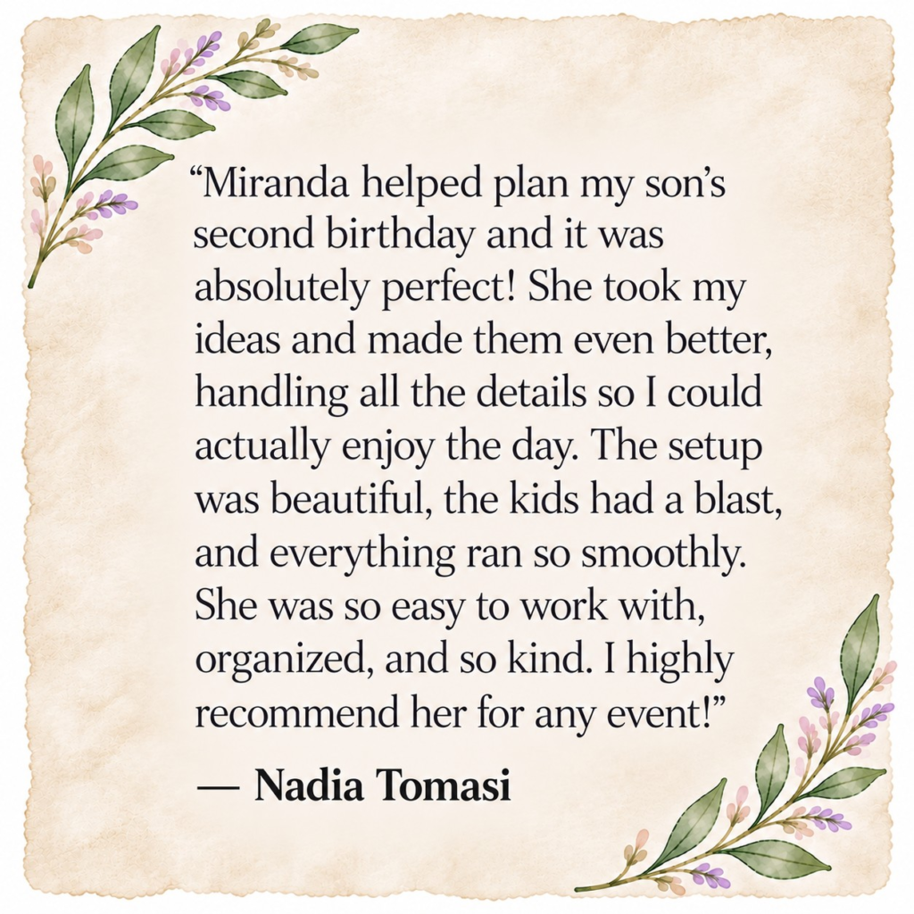 Five-star review from Nadia Tomasi praising Miranda for planning her son's second birthday party, handling event details, and helping with setup and cleanup.