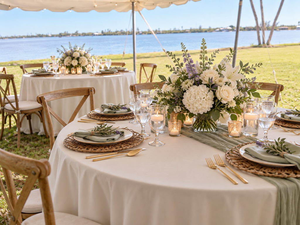 Elegant waterfront celebration of life gathering with white floral arrangements, sage green linens, and thoughtfully styled tables beneath a canopy.