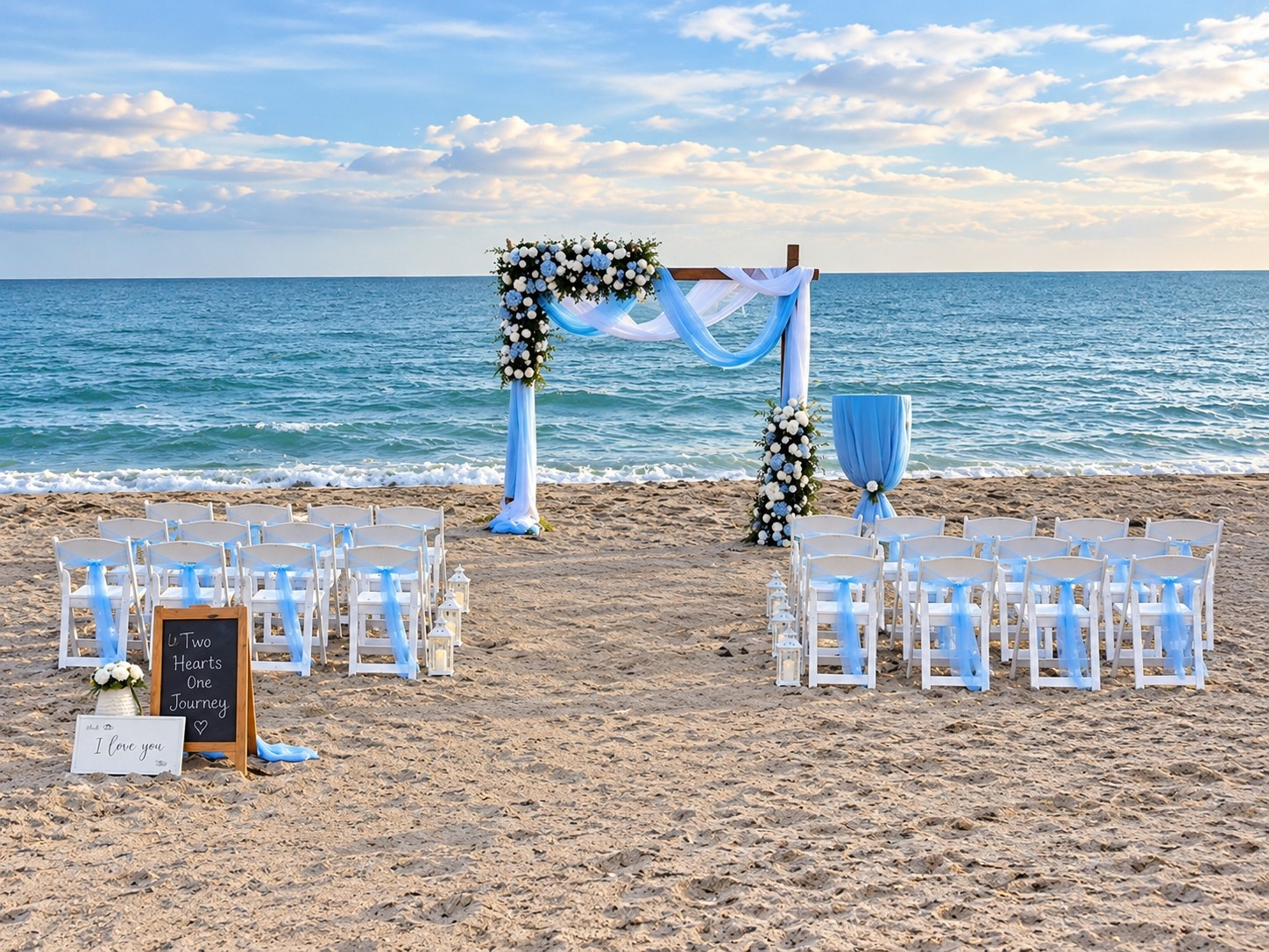 Sarasota beach wedding ceremony setup with a floral arch, blue and white draping, guest chairs and ocean views.